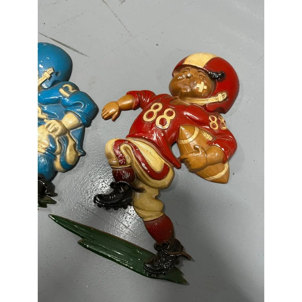 Vintage Homco 1978 Football Player Wall Plaques Set of 2 Blue Red Sports Decor